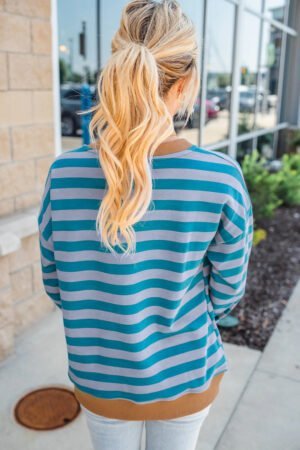 Sky Blue Stripe Contrast Color Ribbed Trim Round Neck Drop Shoulder Sweatshirt - Image 2