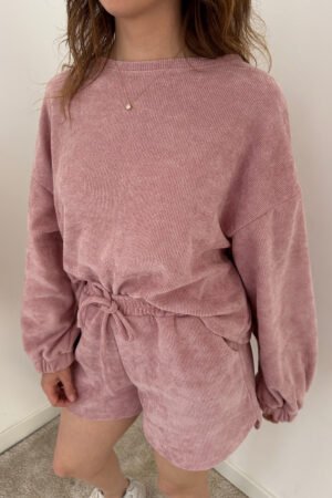Fushia Solid Color Textured Knit Drop Shoulder Pullover Drawstring Shorts Set - Image 5