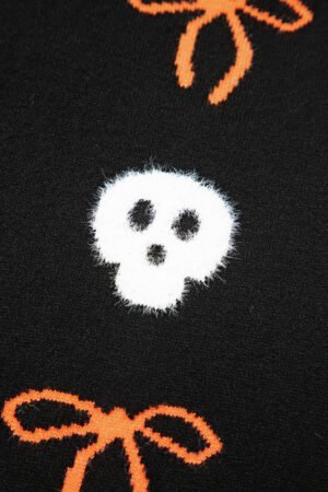 Black Short Puff Sleeve Bow Knot Plush Skeleton Halloween Sweater - Image 8