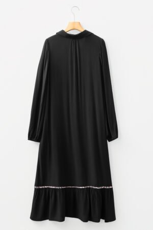 Black Collared V Neck Smocked Detail Contrast Leopard Trim Bracelet Sleeve Long Dress - Image 5