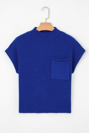 Dark Blue Patch Pocket Ribbed Knit Short Sleeve Sweater - Image 8