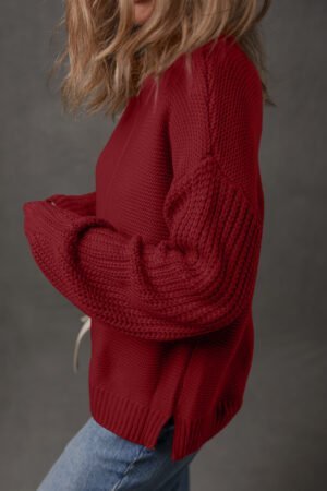 Red Dahlia Solid Color Front Seam Drop Shoulder Loose Sweater - Image 3
