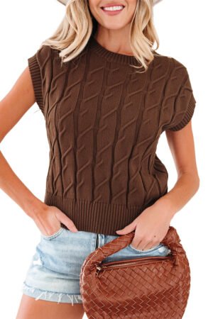 Dark Brown Cable Texture Crew Neck Short Sleeve Sweater Top - Image 18