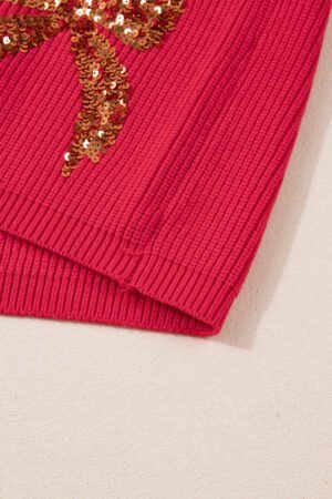 Fiery Red Sequin Bow Accent Drop Shoulder Festive Sweater - Image 9