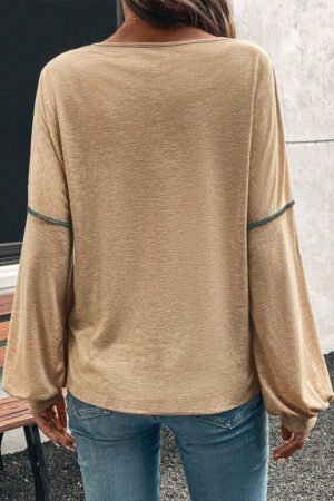 Four Leaf Clover Exposed Stitching Colorblock V Neck Long Sleeve Top - Image 2