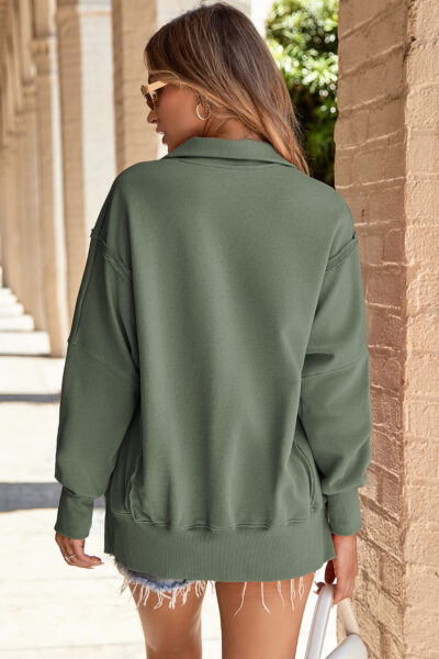 Moss Green Buttoned Collared Raw Detail High Low Baggy Sweatshirt with Slits