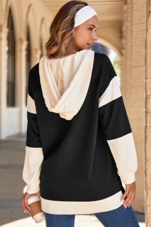 Alternative view of Black Waffle Contrast Knit Color Block Patchwork Button Front Oversize Hoodie