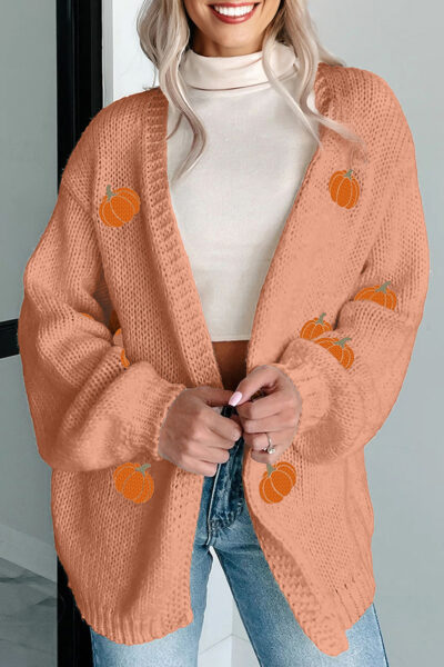 Straw Yellow Pumpkin Tree Print Open Front Drop Shoulder Midi Cardigan