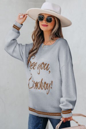 Light Grey See You Cowboy Embroidered Western Graphic Sweater - Image 3