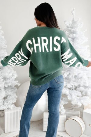 Blackish Green HO HO HO MERRY CHRISTMAS Drop Shoulder Loose Sweater - Image 2
