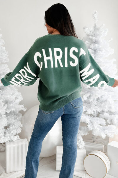 Blackish Green HO HO HO MERRY CHRISTMAS Drop Shoulder Loose Sweater