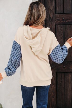 Parchment Checkered Patchwork Kangaroo Pocket Half Zipper Hoodie - Image 3