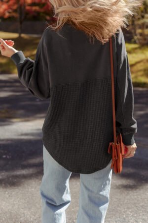 Carbon Grey Waffle Knit Patchwork Half Zipped Casual Sweatshirt - Image 8