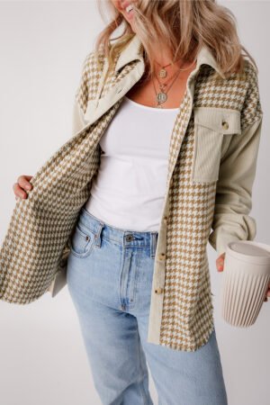 Parchment Houndstooth Corduroy Patchwork Flap Pocket Shacket - Image 3