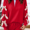 Christmas Racing Red Striped Collar Patchwork Satin Bow Sweatshirt and Shorts Set