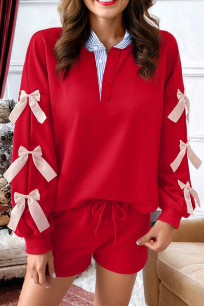 Christmas Racing Red Striped Collar Patchwork Satin Bow Sweatshirt and Shorts Set