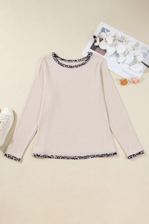 Parchment Ribbed Contrast Leopard Edge Round Neck Plus Knit Top - Image 8