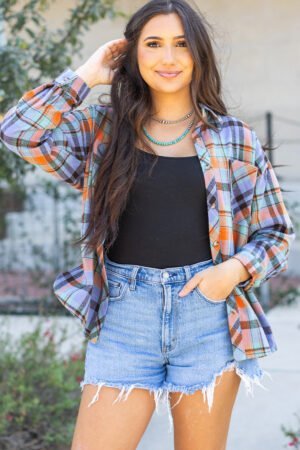 Orange Plaid Print Loose Vintage Shirt - Image 6