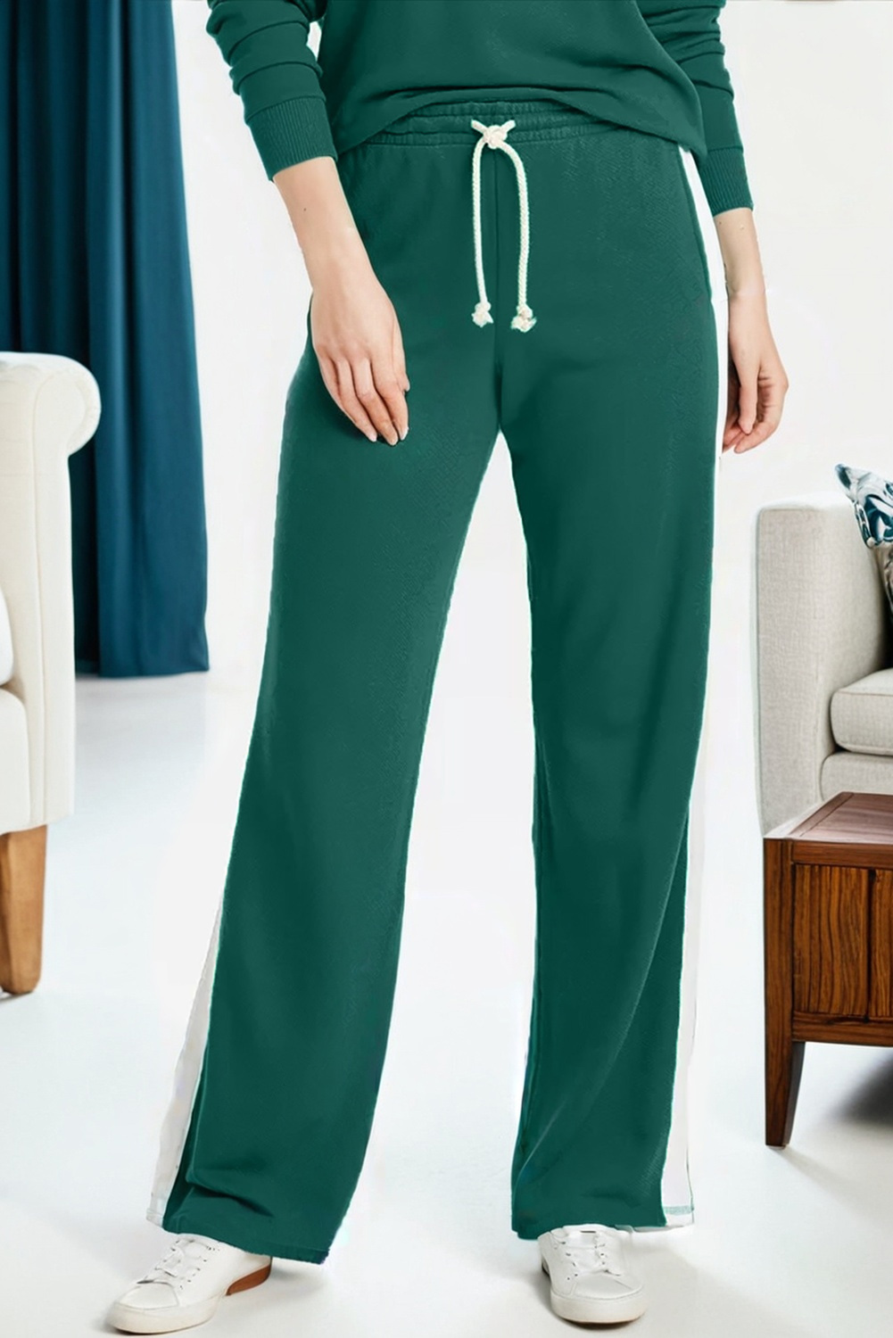Sea Green Solid Color Pullover Top Varsity Stripe Detail Loose Drawstring Pants Set Sea Green Solid Color Pullover Top Varsity Stripe Detail Loose Drawstring Pants Set