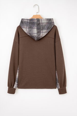 Brown Plaid Patchwork Button Down Drawstring Hooded Shacket - Image 5