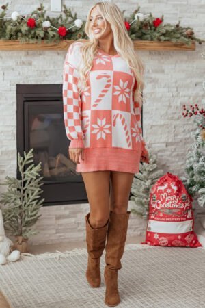 Pink Candycane Snowflake Checker Christmas Holiday Drop Shoulder Tunic Loose Sweater - Image 14