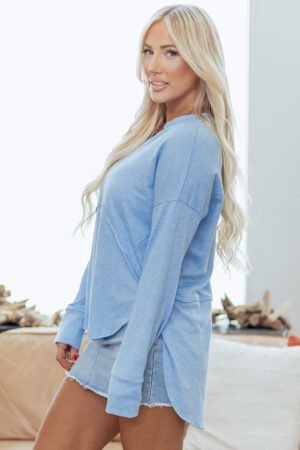 Myosotis Notched Neck Terry Raw Hem Long Sleeve Top - Image 3
