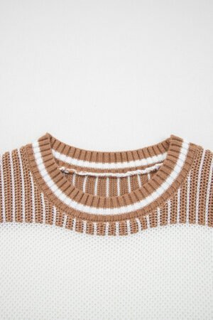 Khaki Two Tone Striped Patchwork Drop Shoulder Loose Sweater - Image 5