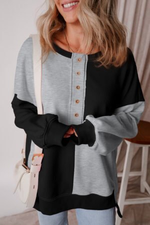 Color black Colorblock Henley High Low Oversize Sweatshirt - Image 3