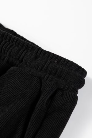 Black Solid Color Textured Knit Drop Shoulder Pullover Drawstring Shorts Set - Image 9