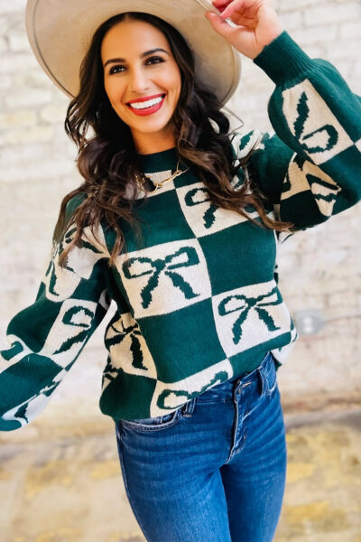 Blackish Green Checkered Bow Print Casual Sweater