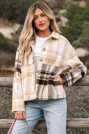 Multicolour Plaid Patchwork Side Pockets Buttoned Shacket - Image 17