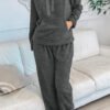 Medium Grey Fuzzy Drawstring Hoodie Lounge Pants 2pcs Set