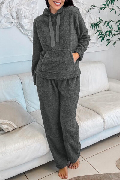Medium Grey Fuzzy Drawstring Hoodie Lounge Pants 2pcs Set