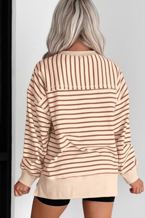 Khaki Stripe Ribbed Band Seam Detail Baggy Sweatshirt - Image 2