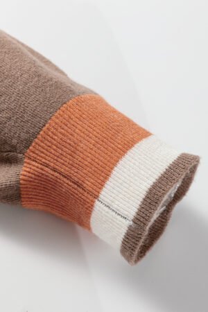 Dark Khaki Contrast Striped Trim V Neck Varsity Sweater - Image 6