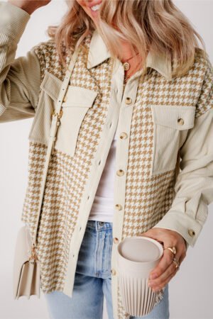 Parchment Houndstooth Corduroy Patchwork Flap Pocket Shacket - Image 4