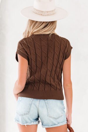 Dark Brown Cable Texture Crew Neck Short Sleeve Sweater Top - Image 12