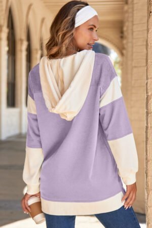 Alternative view of Orchid Petal Waffle Contrast Knit Color Block Patchwork Button Front Oversize Hoodie