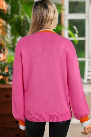 Sachet Pink Contrast Crew Neck Pearled Decor Drop Shoulder Knit Sweater - Image 2