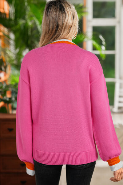 Sachet Pink Contrast Crew Neck Pearled Decor Drop Shoulder Knit Sweater