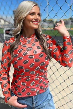 Red Game Day Rugby Mesh Sheer Long Sleeve Top - Image 3