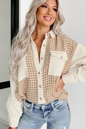 Parchment Houndstooth Corduroy Patchwork Flap Pocket Shacket - Image 5