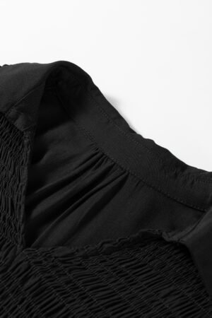 Black Collared V Neck Smocked Detail Contrast Leopard Trim Bracelet Sleeve Long Dress - Image 6