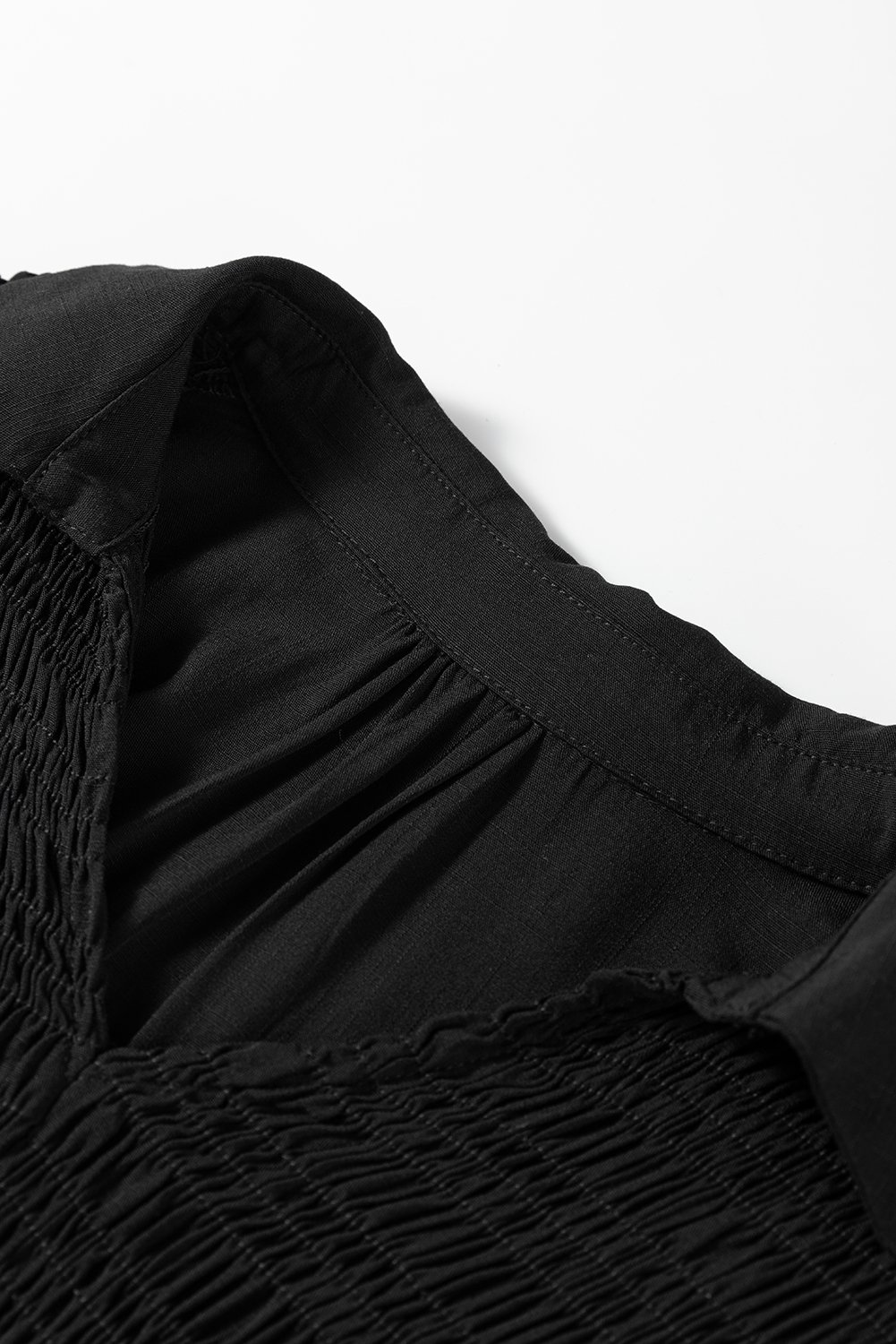 Black Collared V Neck Smocked Detail Contrast Leopard Trim Bracelet Sleeve Long Dress Black Collared V Neck Smocked Detail Contrast Leopard Trim Bracelet Sleeve Long Dress