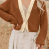 Chestnut Contrast Knit V Neckline Short Cardigan