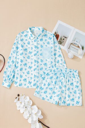Sky Blue Floral Striped Print Contrast Patched Pocket Shirt and Shorts Set - Image 3