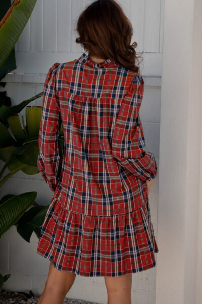 Red Plaid Print Frilly Collar Long Sleeve Shift Mini Dress