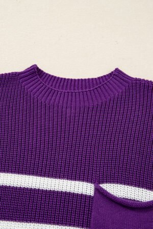 Purple Stripe Raw Edge Patched Pocket Short Sleeve Knit Sweater - Image 6