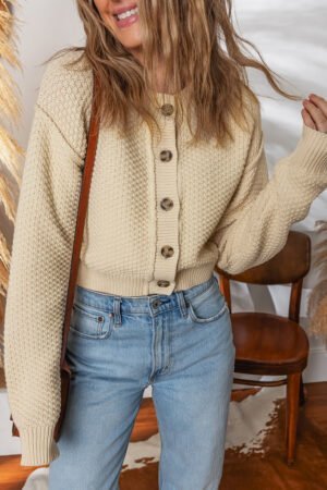 Beige Button Front Cropped Cardigan Sweater - Image 6