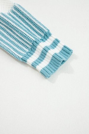 Light Blue Two Tone Striped Patchwork Drop Shoulder Loose Sweater - Image 11